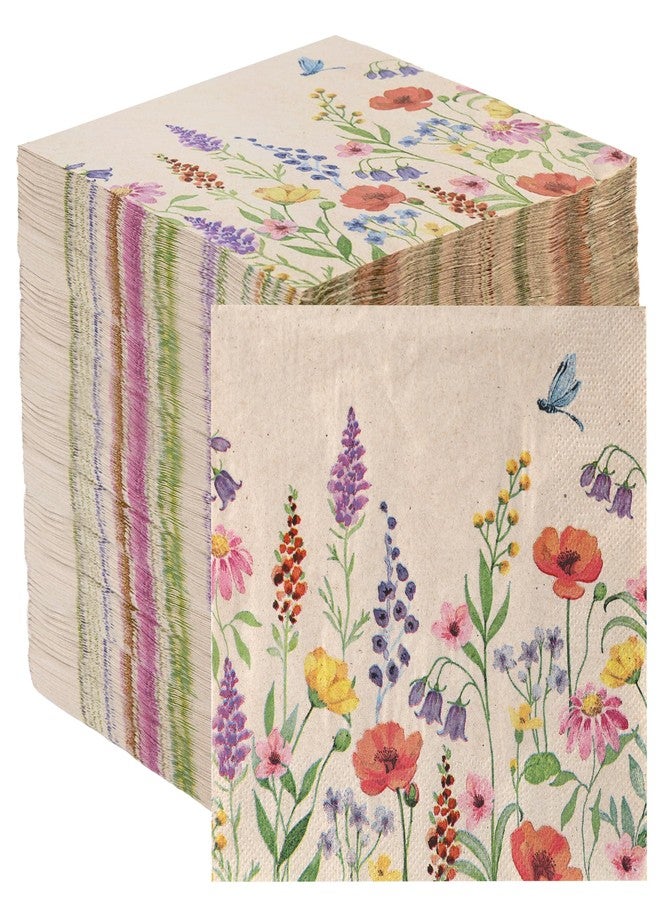 Table Kind 100 x Soft Recycled Paper Napkins | 2ply 13" | Wildflower Meadow Floral Napkins, Disposable Party Serviettes for Mothers' Day Weddings, Tea Parties, Natural Kraft, Unbleached, British Brand