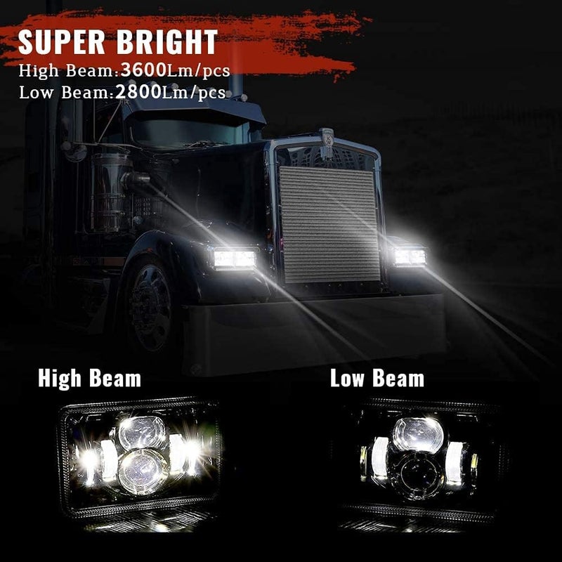 BICYACO 1 Pair 4x6 Inch LED Headlights 60W High Low Beam H4651 H4652 H4656 H4666 H6545 Projector Lens for Peterbilt Kenworth Freightinger Ford 1985-1997 S10 Probe Oldsmobile Cutlass- Black - Image 4