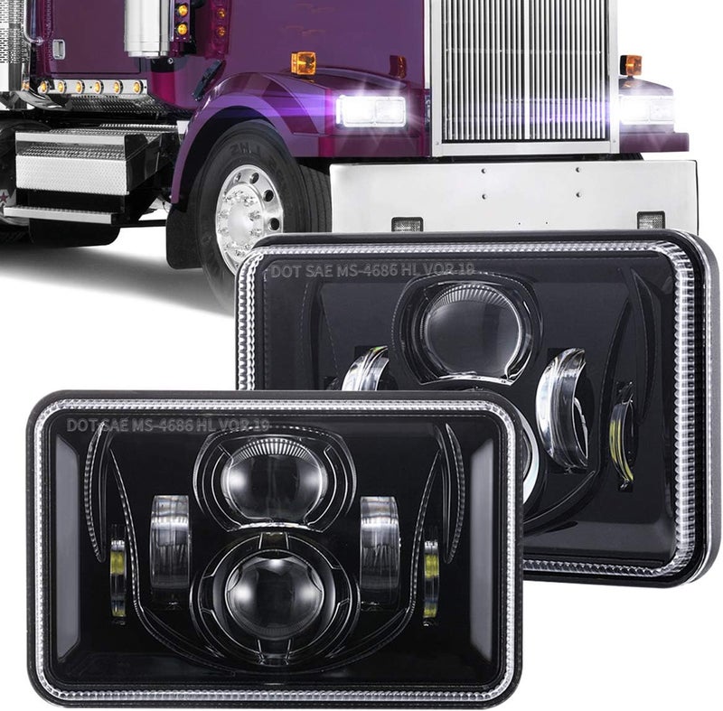 BICYACO 1 Pair 4x6 Inch LED Headlights 60W High Low Beam H4651 H4652 H4656 H4666 H6545 Projector Lens for Peterbilt Kenworth Freightinger Ford 1985-1997 S10 Probe Oldsmobile Cutlass- Black - Image 1