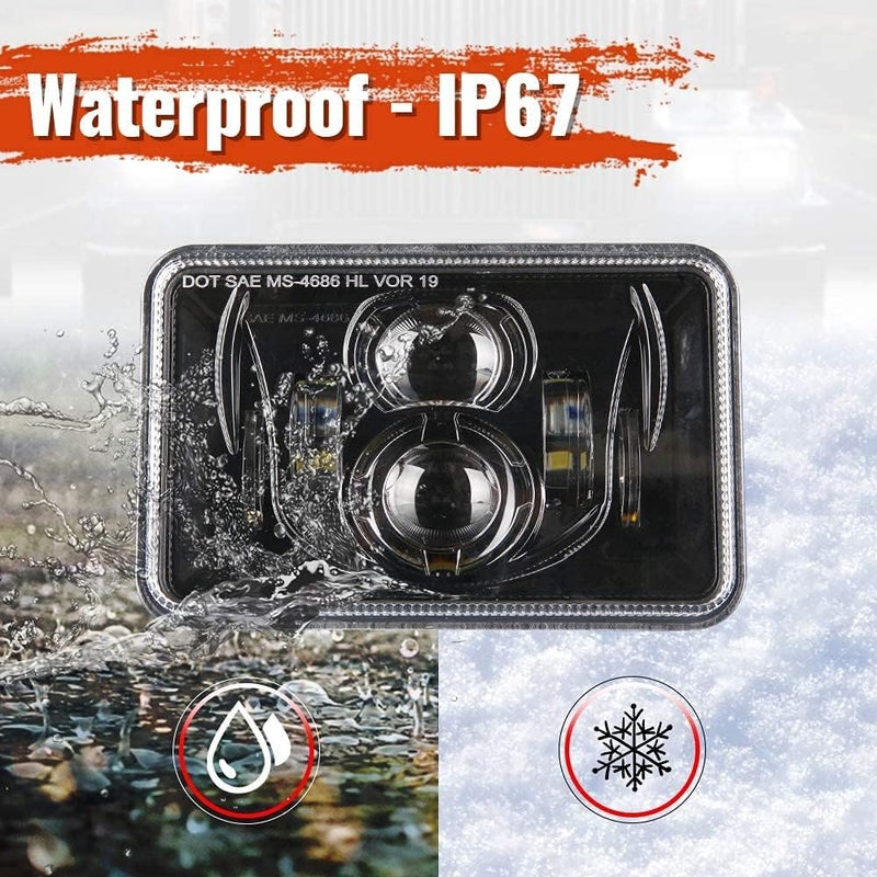 BICYACO 1 Pair 4x6 Inch LED Headlights 60W High Low Beam H4651 H4652 H4656 H4666 H6545 Projector Lens for Peterbilt Kenworth Freightinger Ford 1985-1997 S10 Probe Oldsmobile Cutlass- Black - Image 2