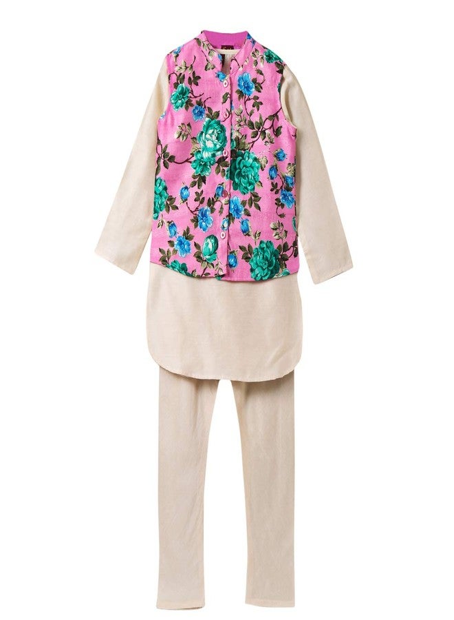 TWISHA Stylish Boys Kurta Pyjama with printed jacket set-White -3Y - Image 1