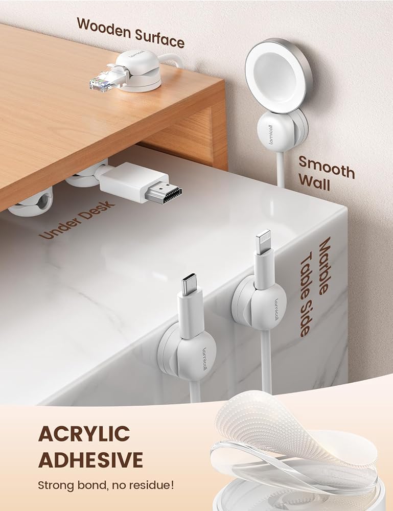Lamicall 6Pack Cord Organizer, [Upgrade Rotatable] Spring Cable Holder - Lamicall [1s Lock] Cable Clips, Desk Phone Charger Cord Management Holder, Adhesive USB Wire Organizer Keeper (White) - Image 4
