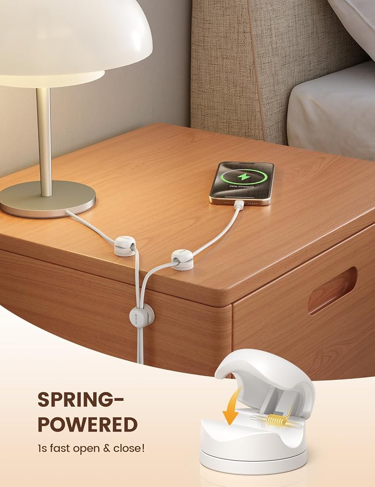 Lamicall 6Pack Cord Organizer, [Upgrade Rotatable] Spring Cable Holder - Lamicall [1s Lock] Cable Clips, Desk Phone Charger Cord Management Holder, Adhesive USB Wire Organizer Keeper (White) - Image 5
