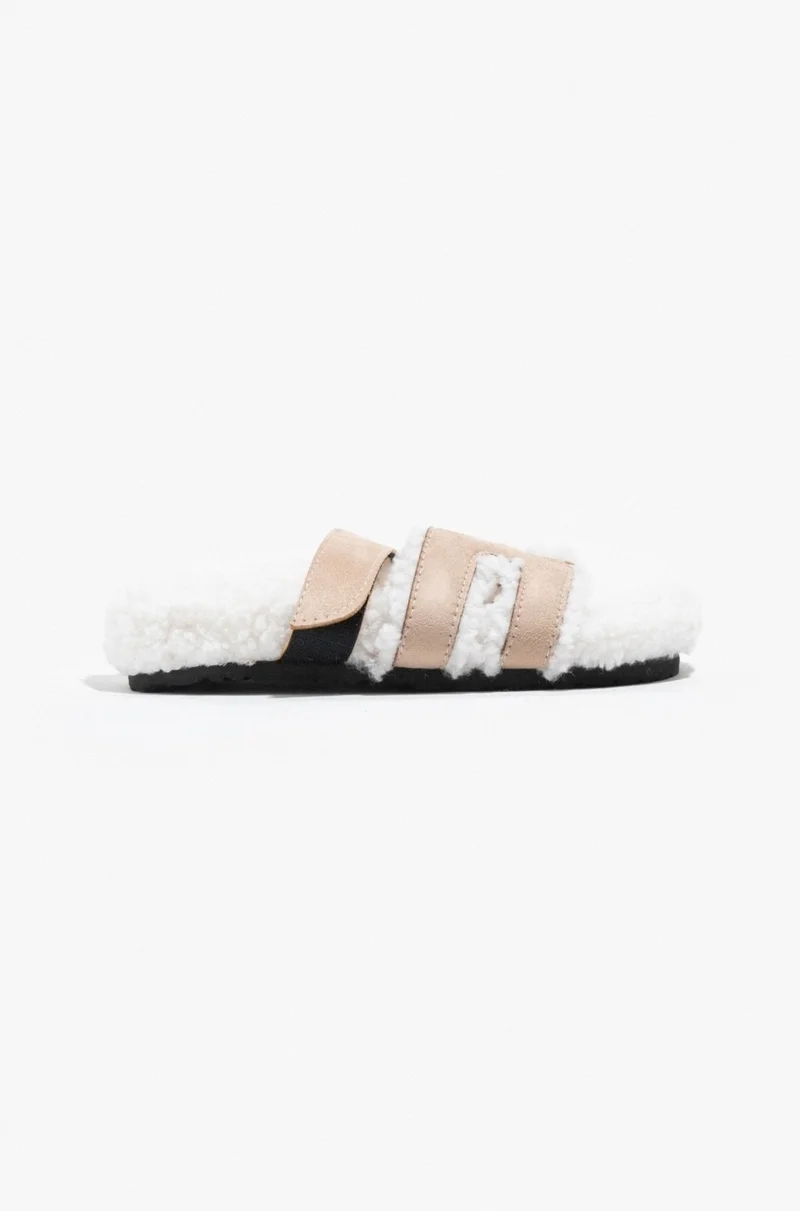 Nişantaşı Shoes Pretty Beige Suede Hairy Flat Sole Women's Slippers