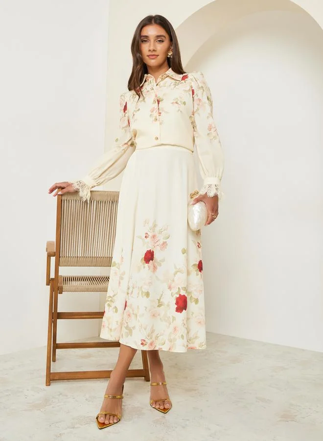 Styli Women Cream Floral Print Long Sleeve Shirt