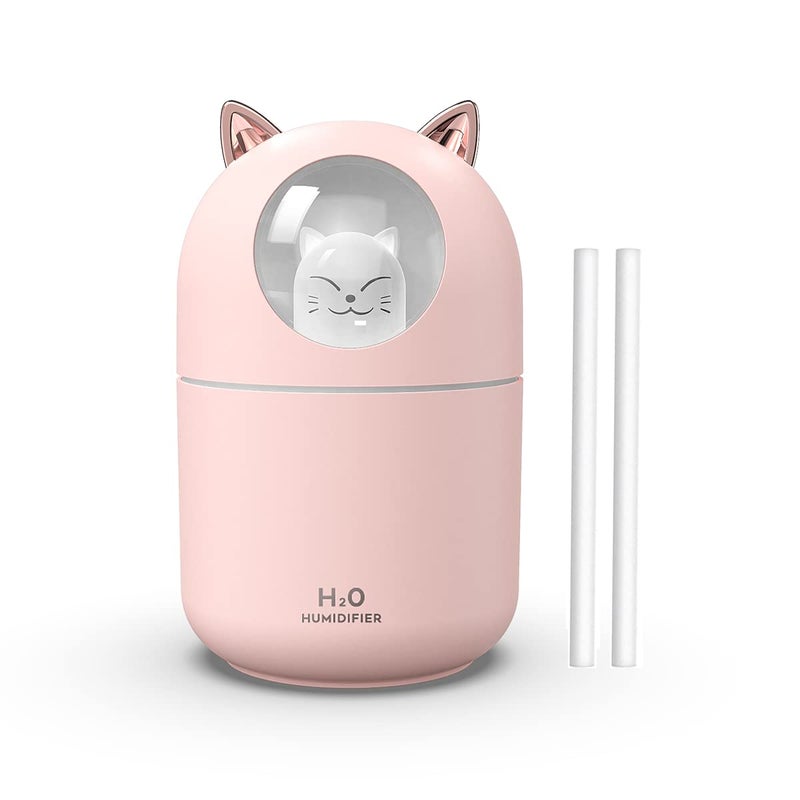 Portable 300ml Mini Cool Mist Humidifier With Night Light USB Auto ShutOff UltraQuiet 2 Spray Modes for Home Office Travel Pink