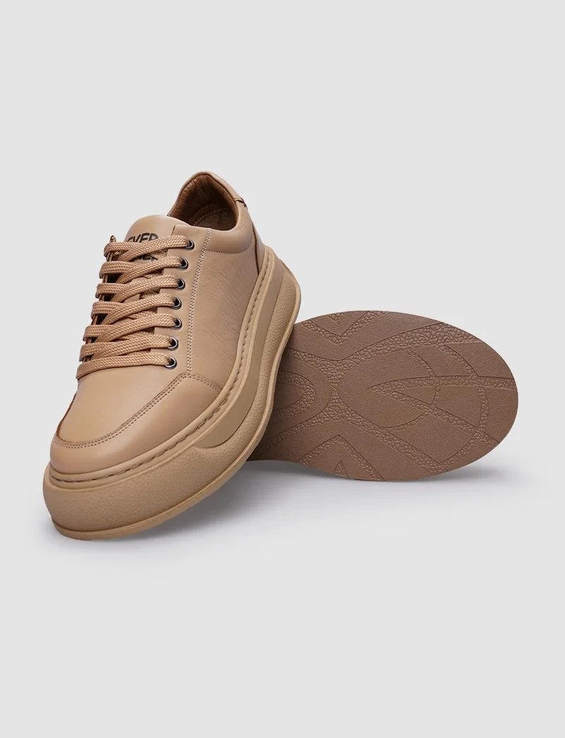 كاباني 100% Genuine Leather Beige Lace-Up Women's Sneakers