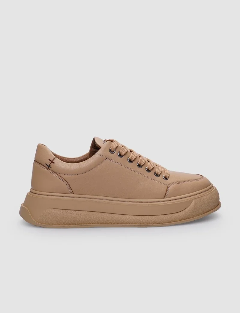 كاباني 100% Genuine Leather Beige Lace-Up Women's Sneakers