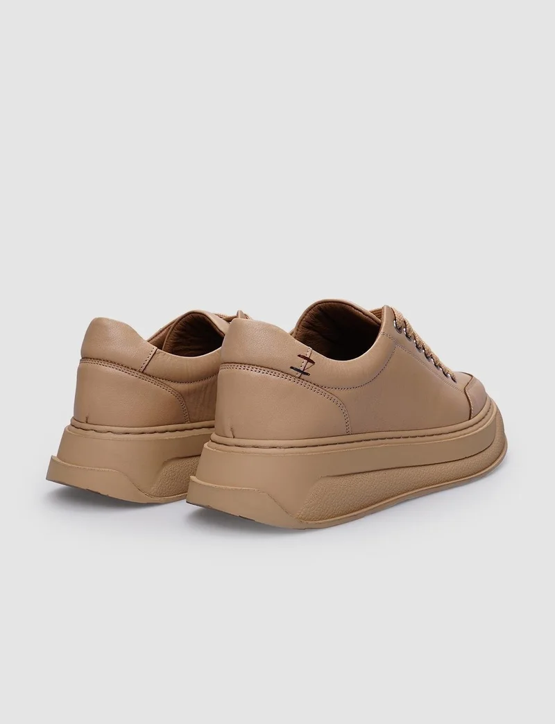 كاباني 100% Genuine Leather Beige Lace-Up Women's Sneakers