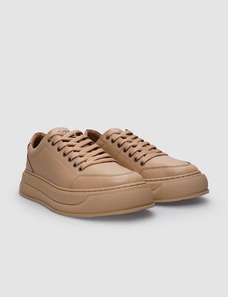 كاباني 100% Genuine Leather Beige Lace-Up Women's Sneakers
