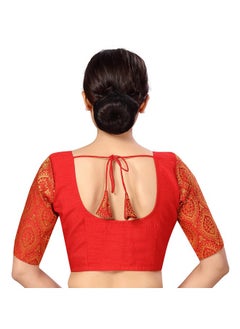 Studio Shringaar Studio Shringaar Womens Elbow Length Sleeves Silky Saree Blouse with Brocade Sleeves(Red, 34)  - Image 2