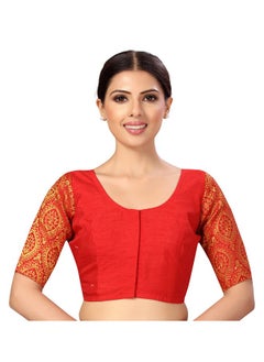 Studio Shringaar Studio Shringaar Womens Elbow Length Sleeves Silky Saree Blouse with Brocade Sleeves(Red, 34)  - Image 1