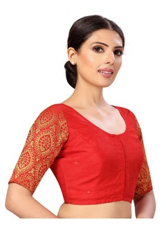 Studio Shringaar Studio Shringaar Womens Elbow Length Sleeves Silky Saree Blouse with Brocade Sleeves(Red, 34)  - Image 5