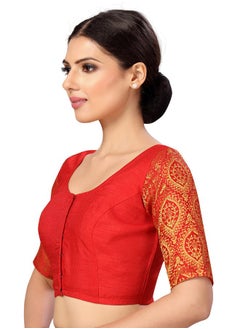 Studio Shringaar Studio Shringaar Womens Elbow Length Sleeves Silky Saree Blouse with Brocade Sleeves(Red, 34)  - Image 4