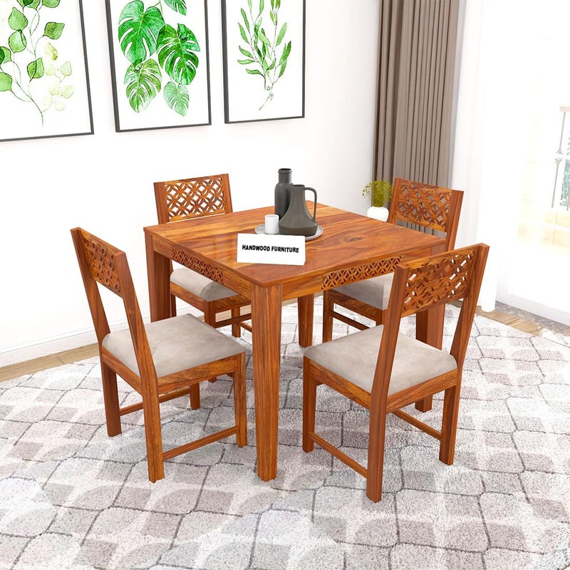 HANDWOOD FURNITURE Premium Sheesham Wood Dining Table 34x34 with 4 Chairs 4 Seater Dining Set Wooden Dining Table with Chair Dining Room Furniture Honey Finish with Cream Cushions