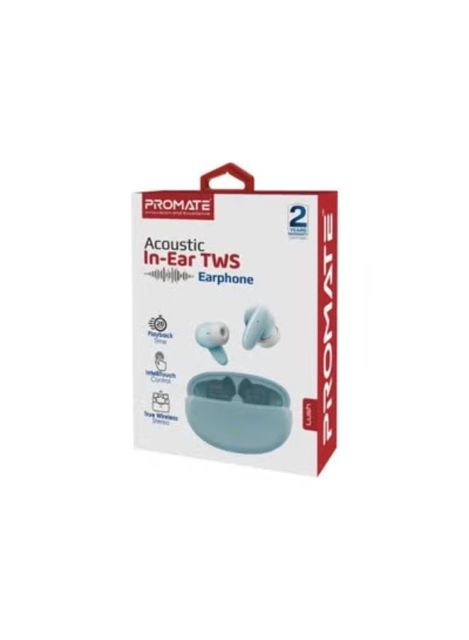 Promats Promate Lush Acoustic In-Ear TWS Earphone – Bluetooth 5.1, IPX5 Water-Resistant, 20 Hours Playback, IntelliTouch Controls, Ergonomic Fit, Compact Charging Case – Available in Black, White, Blue, Pink  - Image 4
