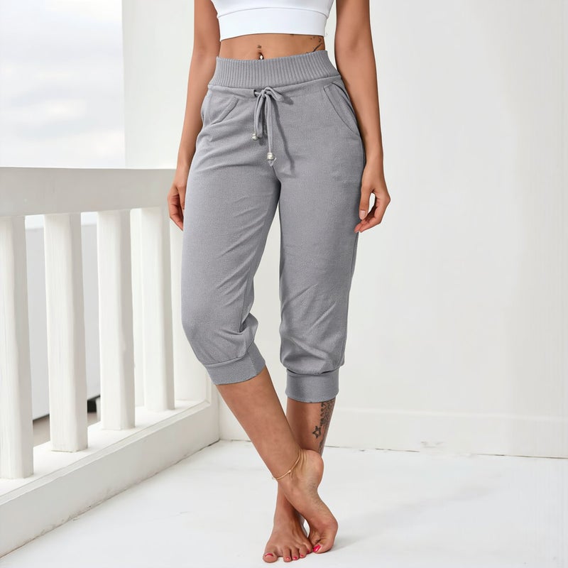 Womens Knit Capri Pants Soft Cotton Blend Drawstring Waist Pockets Athletic Lounge M Gray - Image 2