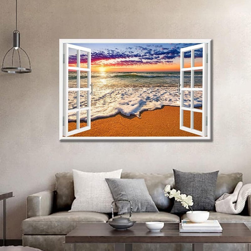 TISHIRON 3D Window Effect Canvas Art Wall Framed Modern Home Decor Beach Coconut Tree View Pictures for Home Living Room Dining Room Wall Decor Posters Prints Ready to Hang - 36" W x 24" H - Image 3