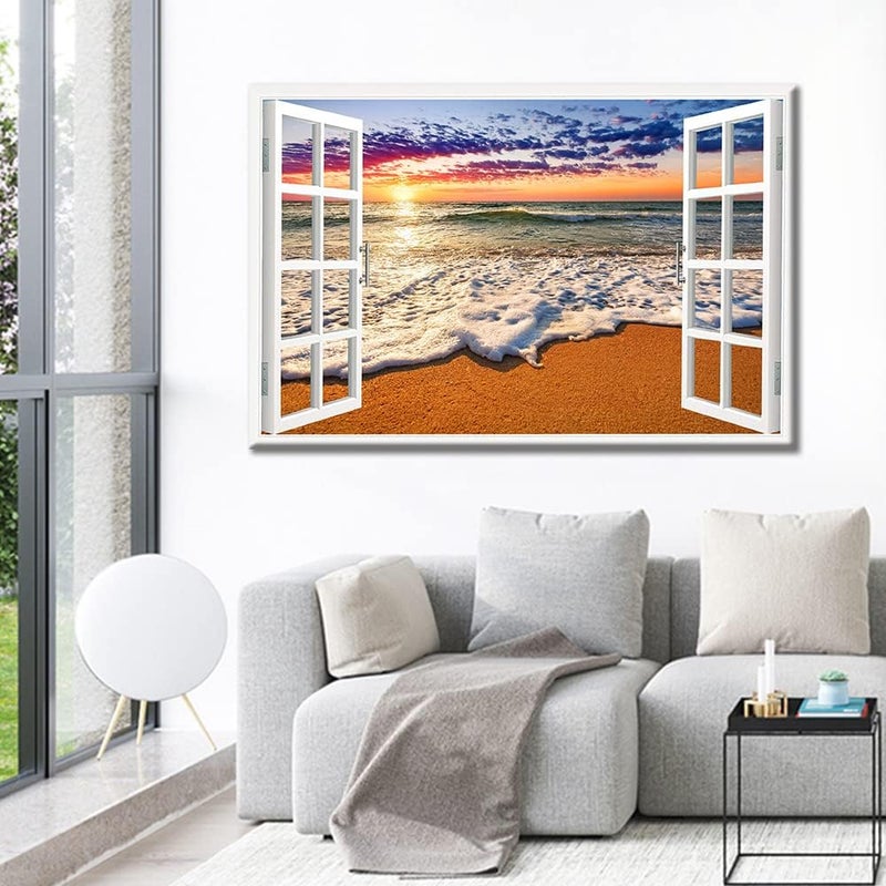 TISHIRON 3D Window Effect Canvas Art Wall Framed Modern Home Decor Beach Coconut Tree View Pictures for Home Living Room Dining Room Wall Decor Posters Prints Ready to Hang - 36" W x 24" H - Image 4