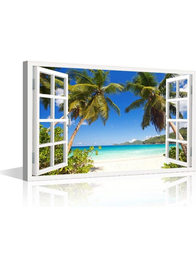 TISHIRON 3D Window Effect Canvas Art Wall Framed Modern Home Decor Beach Coconut Tree View Pictures for Home Living Room Dining Room Wall Decor Posters Prints Ready to Hang - 36" W x 24" H - Image 1