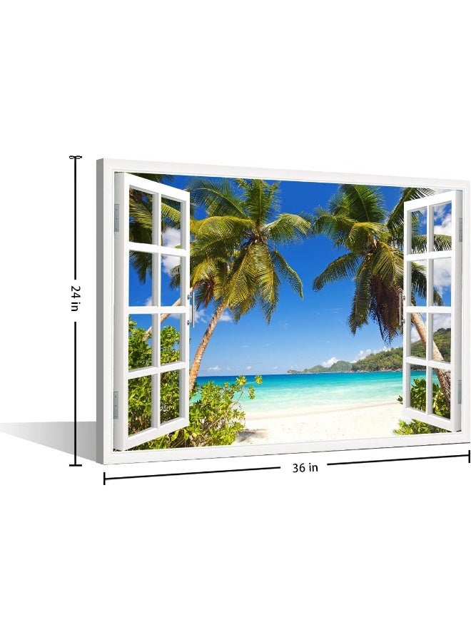 TISHIRON 3D Window Effect Canvas Art Wall Framed Modern Home Decor Beach Coconut Tree View Pictures for Home Living Room Dining Room Wall Decor Posters Prints Ready to Hang - 36" W x 24" H - Image 5