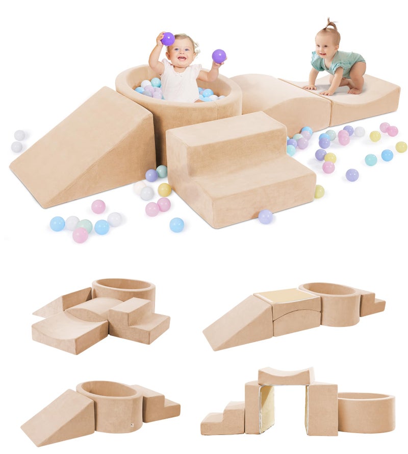 Elftopia Foam Climbing Blocks with Ball Pit Designed for Toddlers Aged 13 Great for Indoor Crawling Inside Foam Playground Set for Little Ones to Active Playing Balls NOT Included Beige