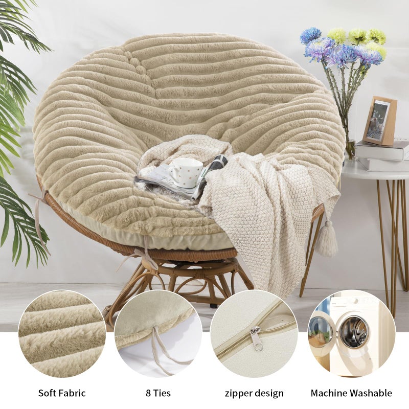 HOMBYS Fluffy Shaggy Cover for Papasan Chair Cushion, Plush Faux Fur Slipcover ONLY, (Without Cushion) Removable Soft Papasan Cushion Covers with 8 Ties, (Khaki, 55"x55") - Image 4