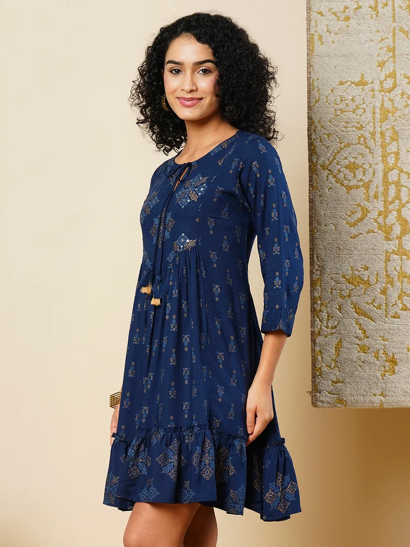 جلو باص Globus Women Ethnic Motifs Printed Tie Up Neck  Fit & Flare Mini Ethnic Dress