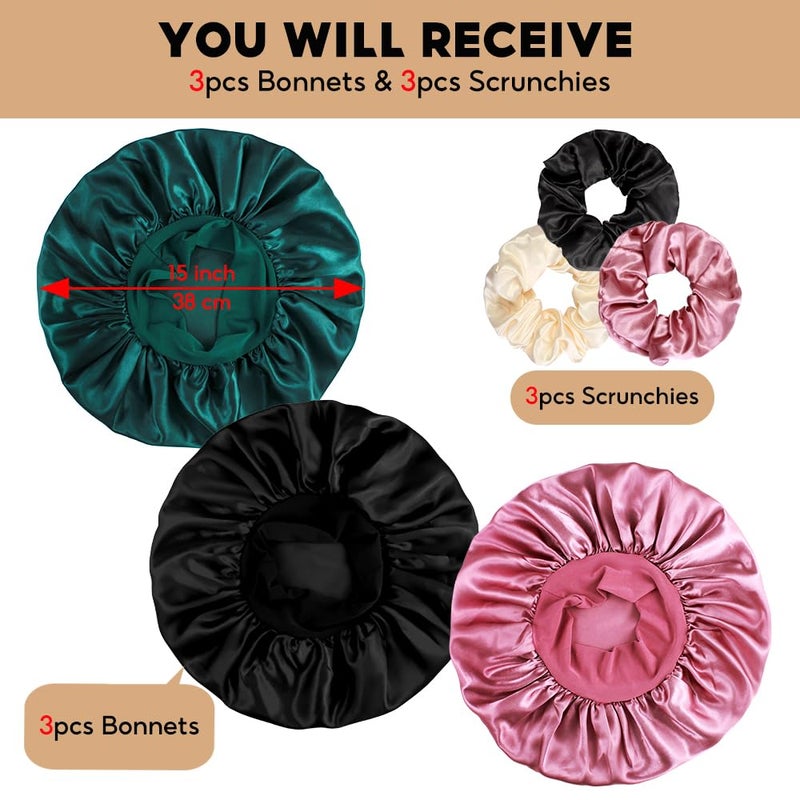 Heniho 3+3 Large Satin Bonnets with Scrunchies for Women, Wide Band Hair Bonnet for Sleeping Braids Curly Hair, B - Image 2