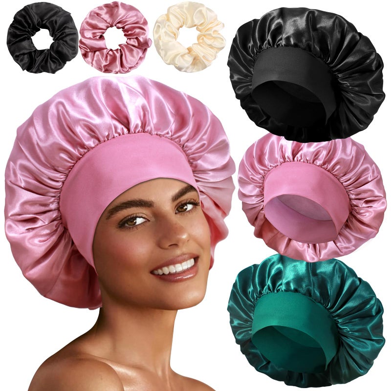 Heniho 3+3 Large Satin Bonnets with Scrunchies for Women, Wide Band Hair Bonnet for Sleeping Braids Curly Hair, B - Image 1