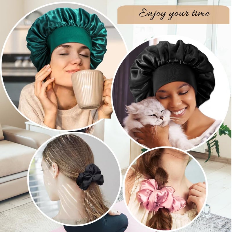 Heniho 3+3 Large Satin Bonnets with Scrunchies for Women, Wide Band Hair Bonnet for Sleeping Braids Curly Hair, B - Image 5