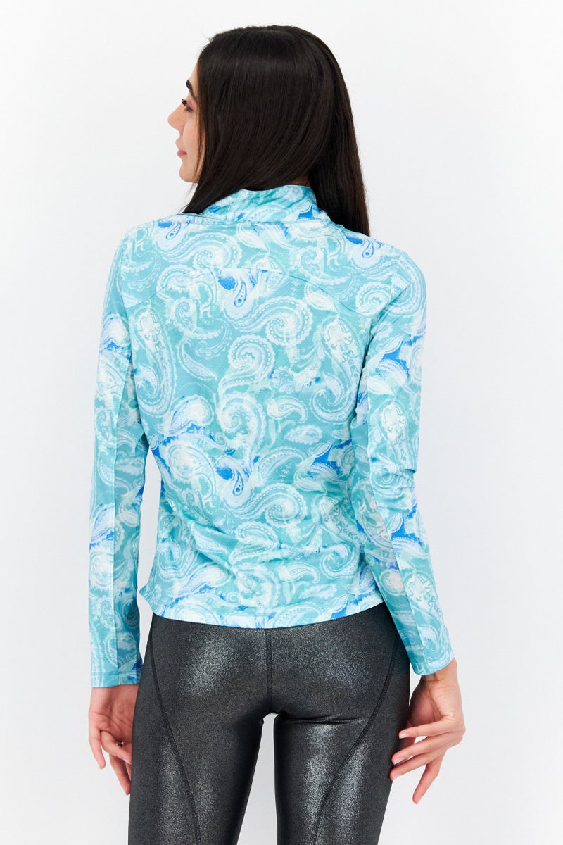 X by Gottex Women Sportswear Fit Long Sleeve Front Zip Jacket, Turquoise Combo - Image 4