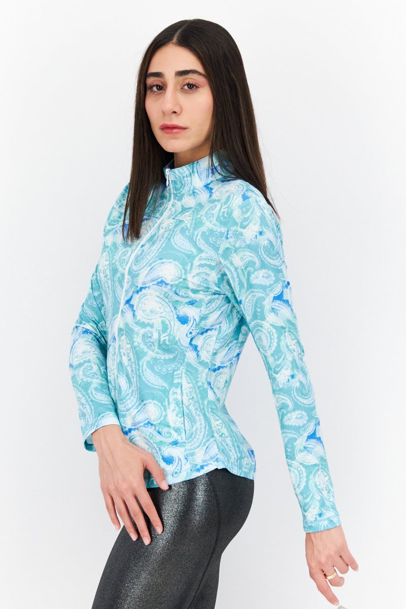 X by Gottex Women Sportswear Fit Long Sleeve Front Zip Jacket, Turquoise Combo - Image 3