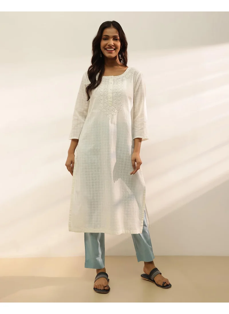 Fabindia Offwhite Cotton Chikankari Long Kurta