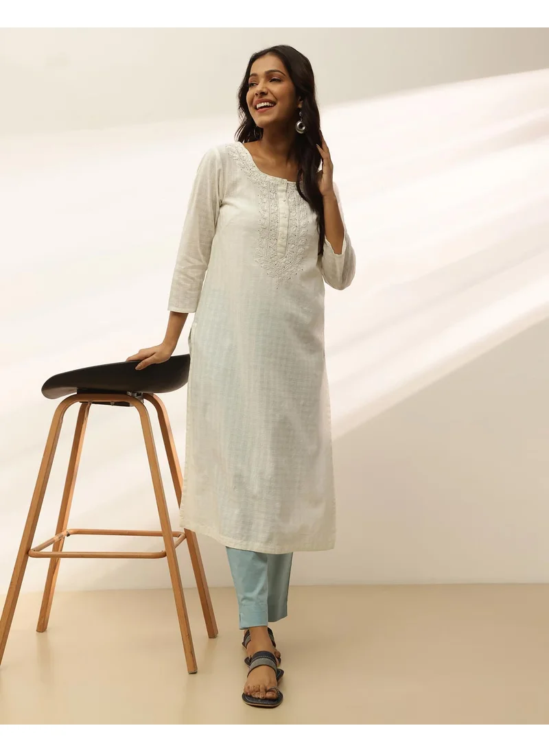 فاب انديا Offwhite Cotton Chikankari Long Kurta