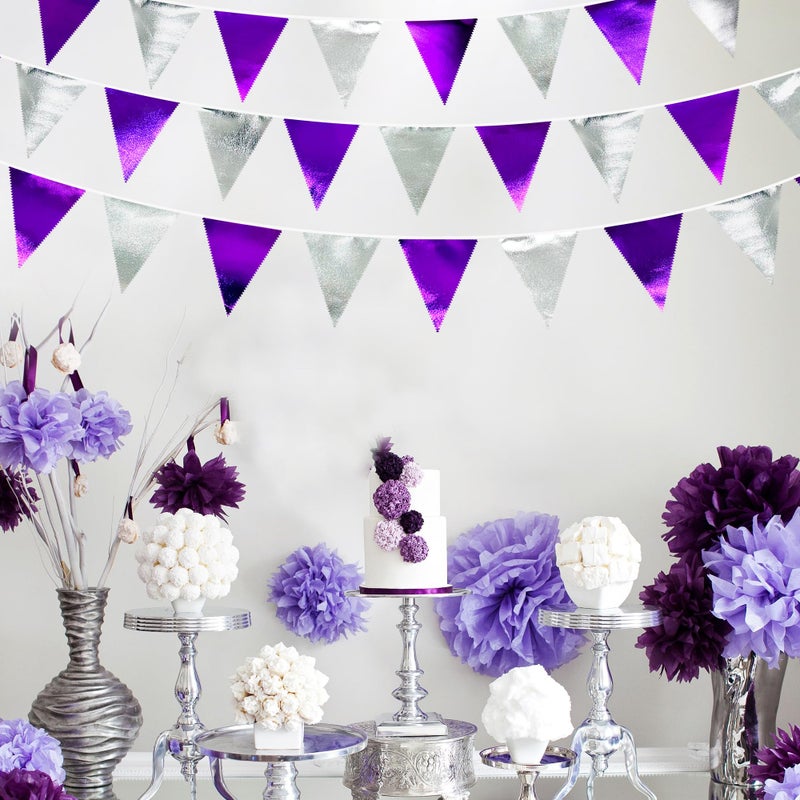 pinkblume Purple and Silver Party Decorations Triangle Pennant Banner Flag Metallic Fabric Bunting Garland for Birthday Graduation Retirement Bachelorette Wedding Bridal Shower Engagement Disco Party Supplies - Image 5