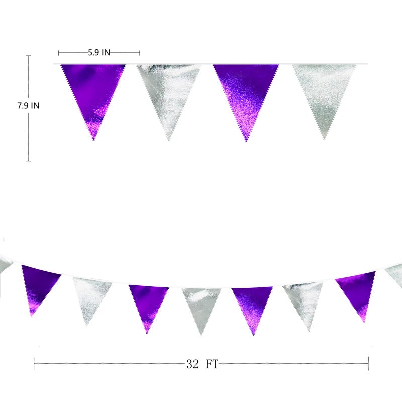 pinkblume Purple and Silver Party Decorations Triangle Pennant Banner Flag Metallic Fabric Bunting Garland for Birthday Graduation Retirement Bachelorette Wedding Bridal Shower Engagement Disco Party Supplies - Image 2