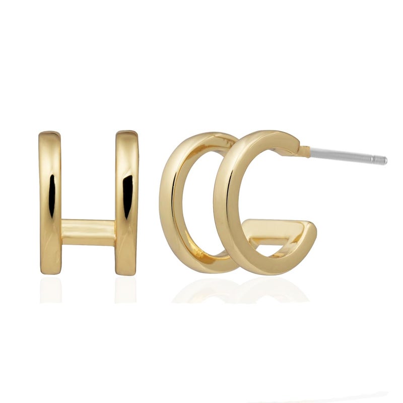 Obidos 14K Gold Plated Double Huggie Hoop Earrings for One Hole | Illusion Stud Earrings for Women - Image 1
