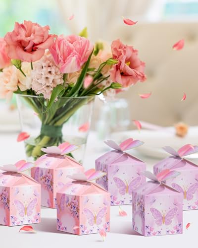 Liobelon 48 Pcs MINI Butterfly Party Favor Treat Boxes, Pink Purple Floral Candy Paper Gift Box Butterfly Decorations Bridal Showers Chocolate Box for Wedding Anniversary Birthday Party - Image 5