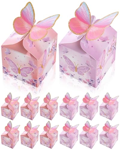 Liobelon 48 Pcs MINI Butterfly Party Favor Treat Boxes, Pink Purple Floral Candy Paper Gift Box Butterfly Decorations Bridal Showers Chocolate Box for Wedding Anniversary Birthday Party - Image 1