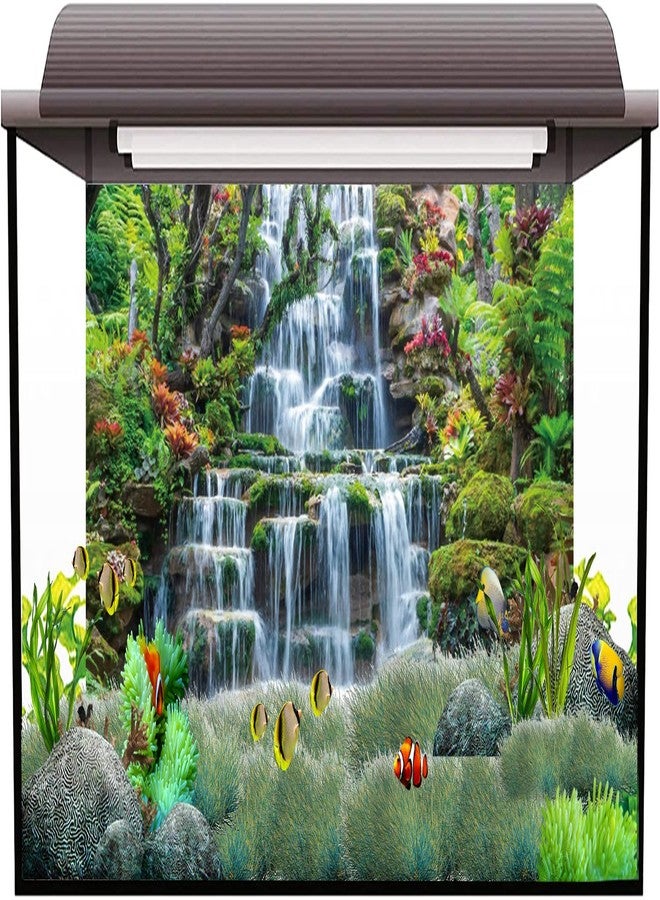 AWERT خلفية حوض أسماك من الفينيل بتصميم شلال، مقاس 36 × 18 بوصة، بنمط حديقة غابية ونباتات استوائية خضراء، مناسبة لأحواض الأسماك والزواحف. - Image 2