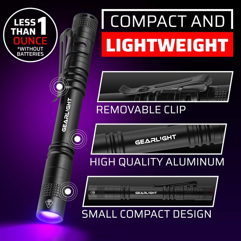GearLight UV Black Light Flashlight S100 [2 Pack] - Mini Blacklight Ultraviolet Pen Lights for Leak and Hotel Inspection - Pet Urine, Bed Bug, Scorpion, Stain, and Dye Detector - Image 3