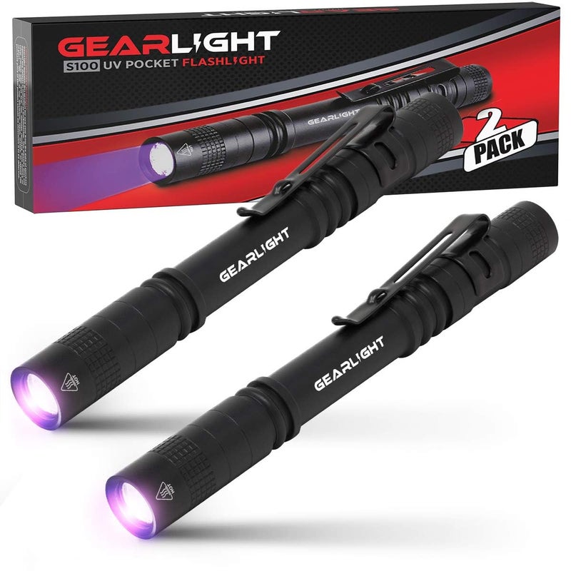GearLight UV Black Light Flashlight S100 [2 Pack] - Mini Blacklight Ultraviolet Pen Lights for Leak and Hotel Inspection - Pet Urine, Bed Bug, Scorpion, Stain, and Dye Detector - Image 1