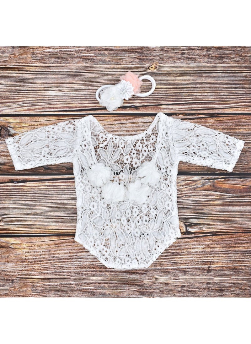 Newborn Photography clothing chiffon flower decorative lace photography clothes pearl hair band two-piece set White () 