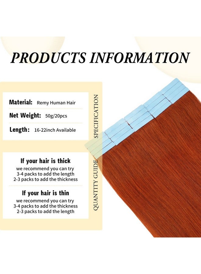 FAAAL 16 Inch Tape In Hair Extensions Remy Human Hair Extensions Se Mipermanent Pretaped Invisible Weft Color Straight 350 Copper Red 20 Pcs/50G (16" Copper Red) - Image 3