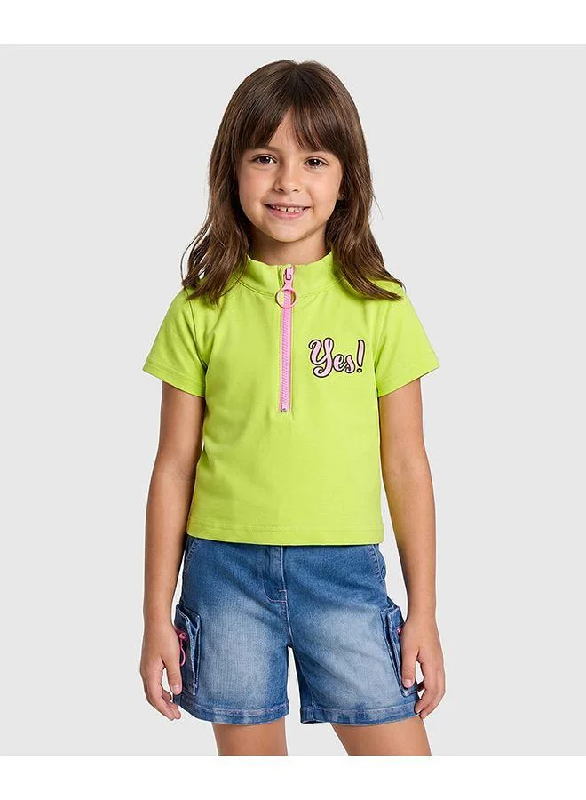 Ollington St. Ollington St. Cotton Knit Half Sleeves Top & Stretchable Denim Shorts Set - Lime Green & Blue