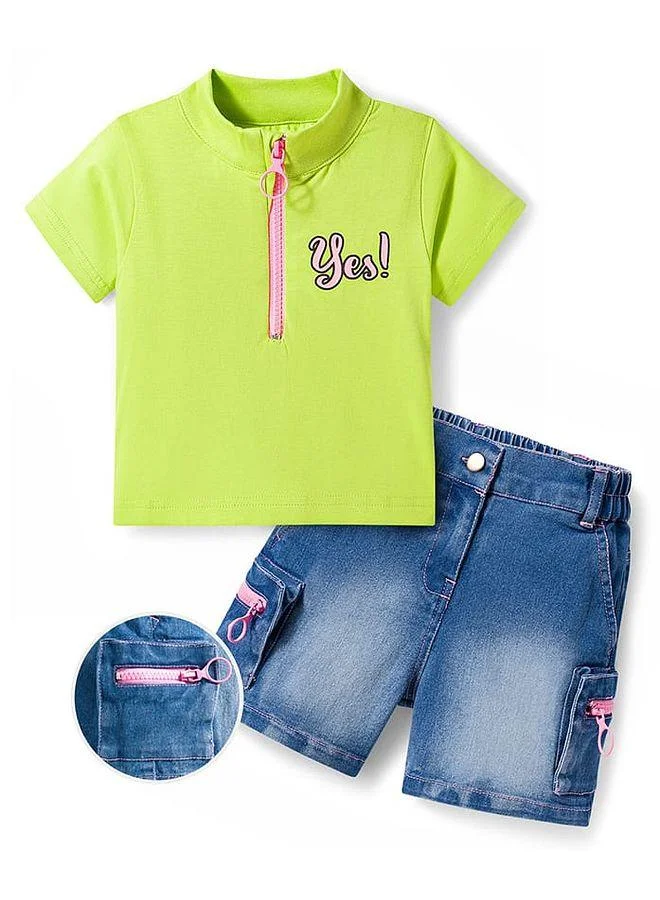 Ollington St. Ollington St. Cotton Knit Half Sleeves Top & Stretchable Denim Shorts Set - Lime Green & Blue