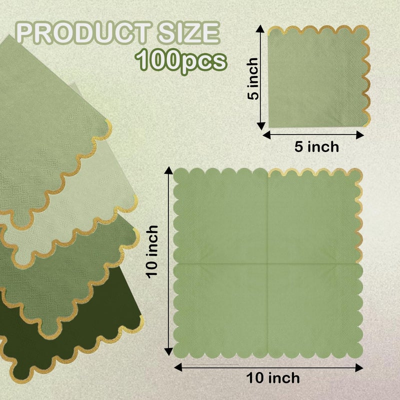 Leapig 100 pack Green Cocktail Napkins with Gold Foil Accents Scalloped Edges 5 x 5 inch Beverage Disposable Napkin Party Decoration Wedding Bridal and Baby Shower Dinner Lunch Supplies - Image 2