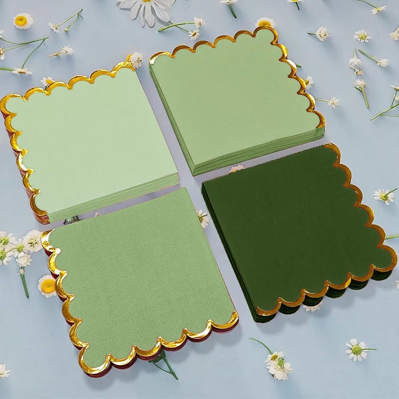 Leapig 100 pack Green Cocktail Napkins with Gold Foil Accents Scalloped Edges 5 x 5 inch Beverage Disposable Napkin Party Decoration Wedding Bridal and Baby Shower Dinner Lunch Supplies - Image 3