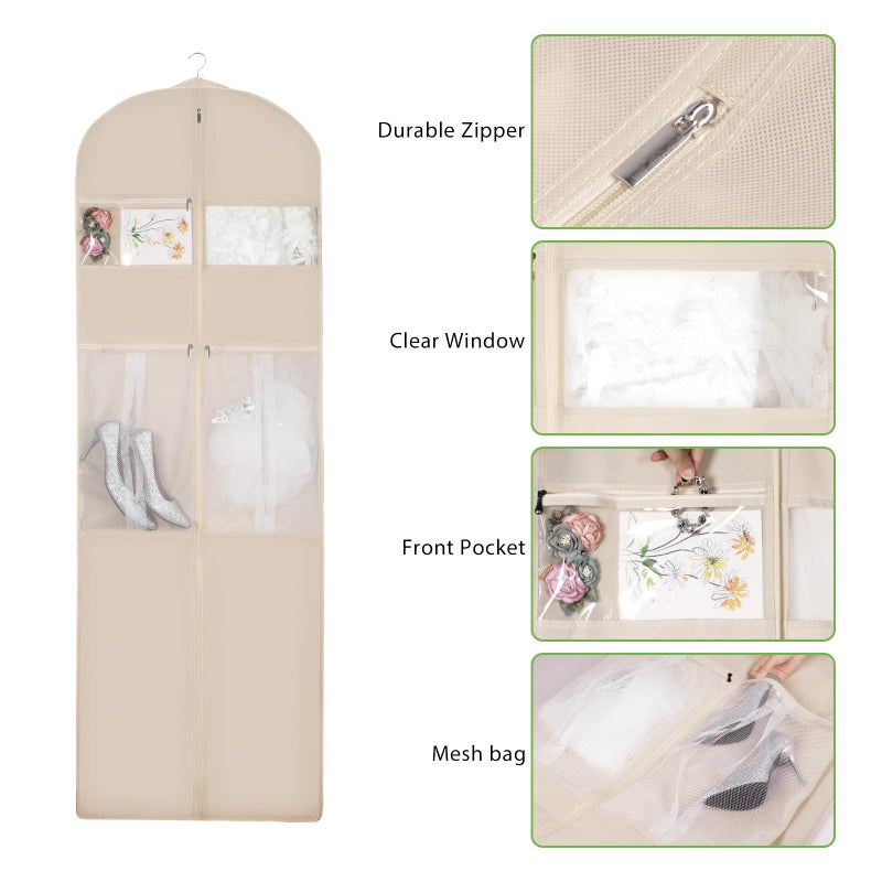 KEEGH Wedding Dress Garment Bag, 72â€ Tri-fold Bridal Dress Bags for Gowns, With Accessory Pockets and Adjustable Buckle Dress Cover for Wedding/Prom/Travel/Closet Storage (Beige) - Image 3